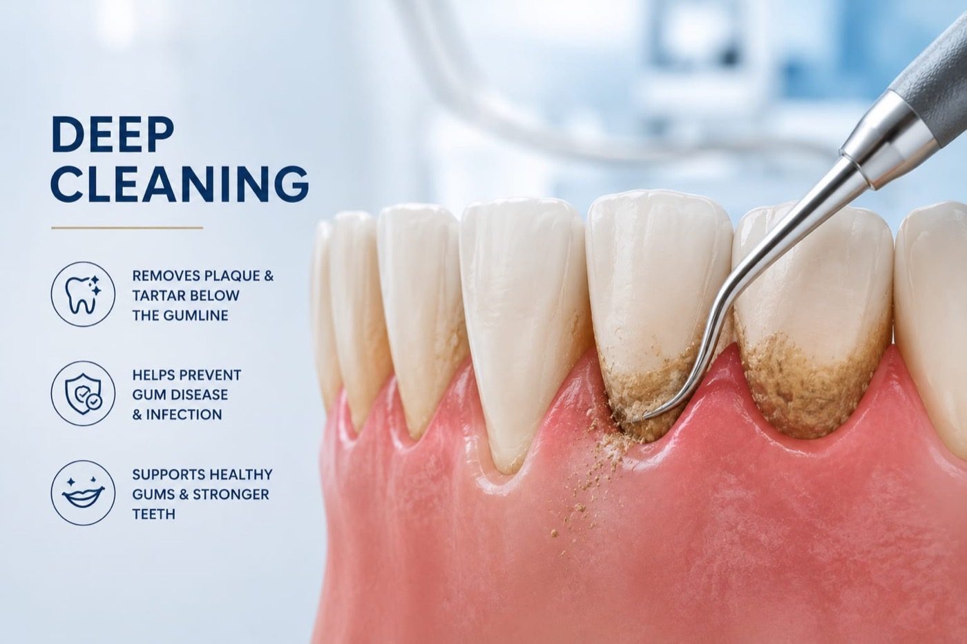 Deep cleaning removes plaque and tartar below the gumline