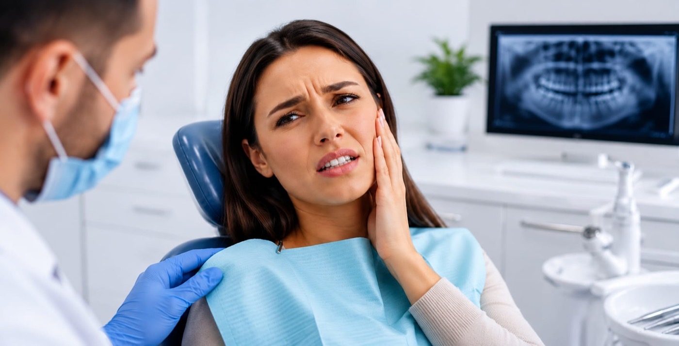 A patient holding their jaw with toothache