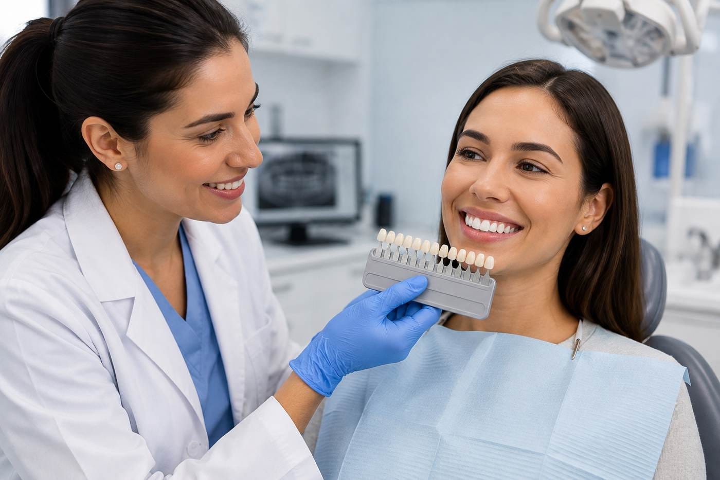 A dentist matching a tooth shade guide to a patient's smile
