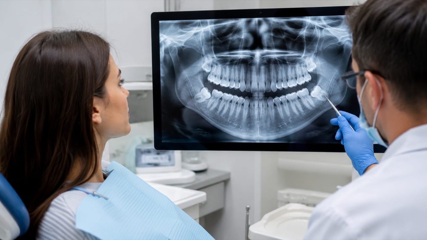 A dentist reviewing an X-ray with a patient
